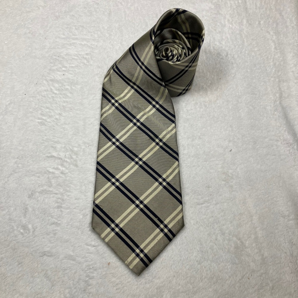 IZOD Men's 100% Imported Silk Necktie Tan Black Plaid Classic Made in USA Formal